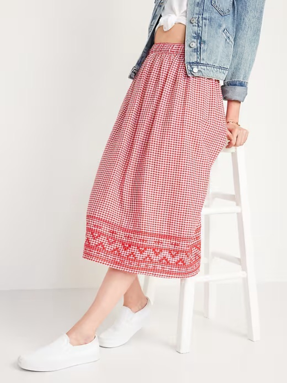 Old Navy Embroidered Red Gingham Midi Swing Skirt - Size XS